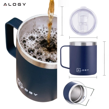 Thermobecher 420 ml mit Griffdeckel für Kaffee, Tee, kalte und warme Getränke aus Stahl, Alogy, Marineblau