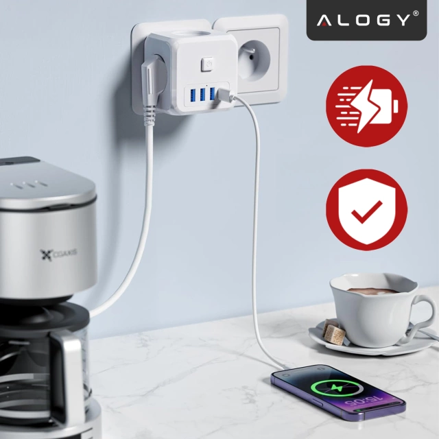 Rozgałęźnik sieciowy rozdzielacz Ładowarka adapter złodziejka 3 gniazdka EU 3x USB + USB-C C 7w1 Alogy Biały