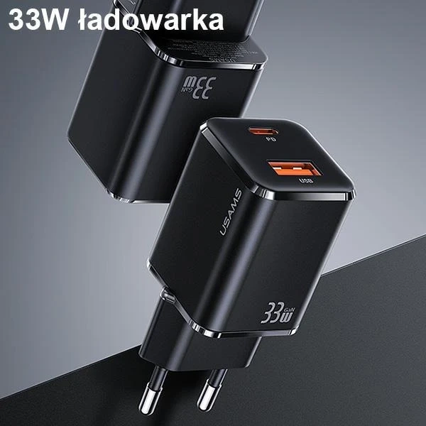 USAMS Ładowarka sieciowa 1xUSB-C+1xUSB T43 33W PD3.0 +QC3.0 + kabel U63 USB-C na lightning czarny/black USKTZ01