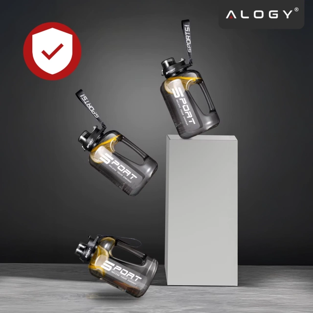 Duża Butelka Motywacyjna na Wodę 1.7L Bidon Sportowy z Miarką, Uchwytem i Pokrywką 2w1 (Dzióbek + Słomka), Wygodna i Szczelna, Alogy Sport 1700ml – Czarna