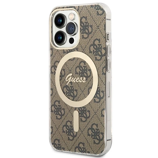 Zestaw Guess GUBPP13LH4EACSW Case+ Charger iPhone 13 Pro brązowy/brown hard case 4G MagSafe Print