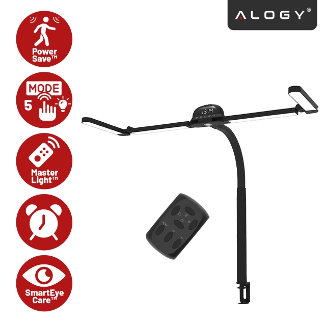 Lampa Biurkowa LED do Monitora ze Składaną Konstrukcją, Regulowaną Jasnością i Pełnym Spektrum Światła, z Mocowaniem do Blatu, Ochrona Oczu, Alogy VisionBar™ – Czarna