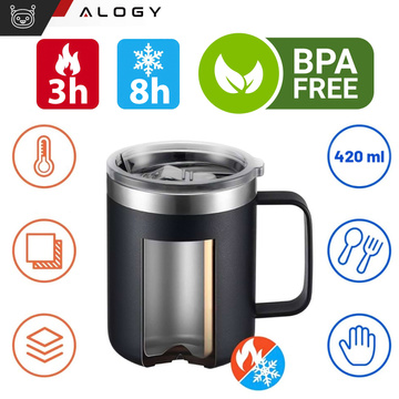 Thermobecher-Set mit 2 Tassen. Thermobecher 420 ml mit Griffdeckel für Kaffee, Tee, Stahl, Alogy Black
