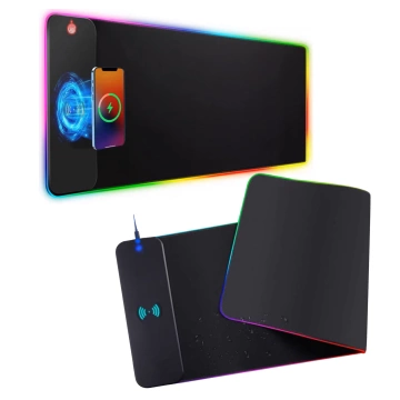 Alogy QiGlow Pro Schreibtischunterlage mit RGB-LED-Beleuchtung für Maus, Tastatur und Qi-Ladegerät für Smartphones. Rutschfeste, schützende Gaming-Matte XL (80 x 30 cm), Schwarz.