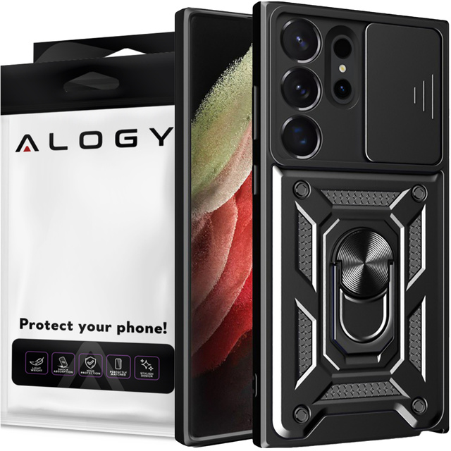 Etui do Samsung Galaxy S24 Ultra pancerne Slide Case Ring obudowa ochrona aparatu Camshield Alogy czarne + Szkło