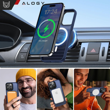 Hülle für iPhone 15 Pro MagSafe Matt Case Cover mattiert Alogy Ring gepanzerte Handyhülle Marineblaues Glas
