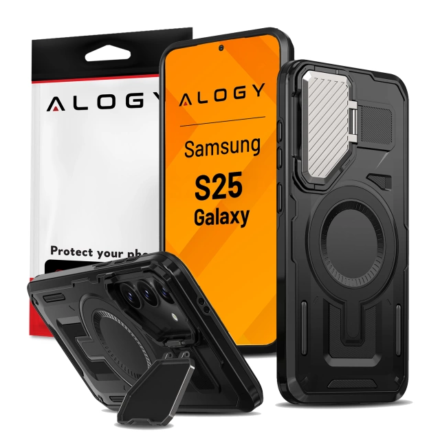 Etui do Samsung Galaxy S25 Case do MagSafe Wzmocniona Pancerna ochrona obiektywów z funkcją podstawki obudowa ochronna na telefon Alogy HeavyDuty Mag™️Czarne