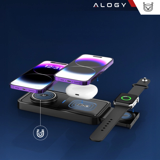 Ładowarka Indukcyjna Alogy Bezprzewodowa Qi PD QC 3.0 2w1 Szybka do Apple iPhone Airpods Watch Stacja ładująca stojak czarna
