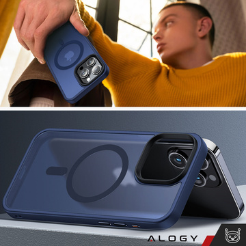 Hülle für iPhone 15 Pro MagSafe Matt Case Cover mattiert Alogy Ring gepanzerte Handyhülle Marineblaues Glas