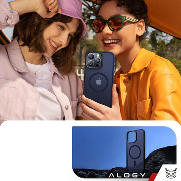 Hülle für iPhone 15 Pro MagSafe Matt Case Cover mattiert Alogy Ring gepanzerte Handyhülle Marineblaues Glas