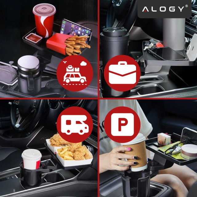 Uchwyt Samochodowy na Kubek i Butelkę Telefon z Obrotowym Stoliczkiem 360°, Mobilny Organizer 2w1, Alogy MultiUse Tray™ – Czarny