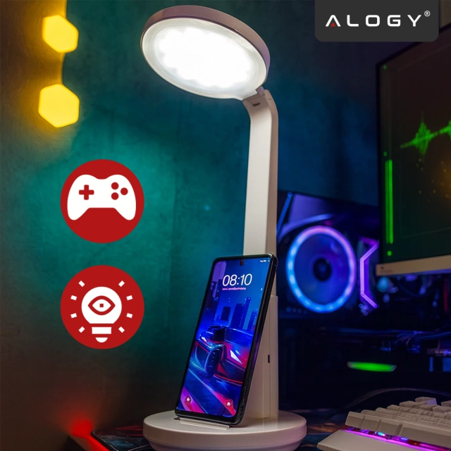 Lampka biurkowa nocna LED – akumulator 6000 mAh, regulacja światła i trybów, miejsce na telefon, stabilna, idealna do nauki i pracy – Alogy MultiStand™ Biała