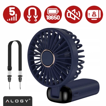 Wentylator Wiatrak Ręczny Bezprzewodowy, Przenośny i Biurkowy, z Uchwytem na Telefon, Ładowanie USB-C, Bateria 18650, Alogy CoolBreeze™ – Granatowy