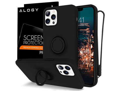 Etui silikonowe Ring Ultra Slim Alogy do iPhone 12/ 12 Pro 6.1 Czarne + Szkło