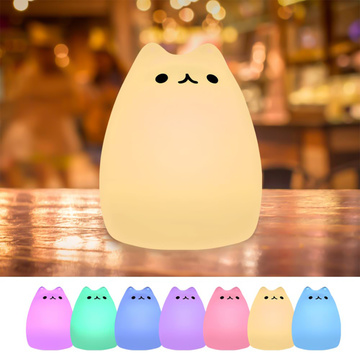 Lampka nocna LED RGB dla dzieci kotek kot akumulatorowa USB 16 kolorów silikonowa dotykowa biała