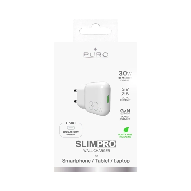 Ładowarka sieciowa GaN Puro SLIMPRO 30W USB-C PD biała kompaktowa
