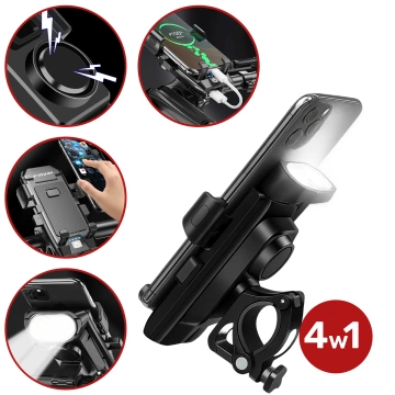 Fahrrad Handyhalter 4in1 LED Licht T6 Frontklingel Fahrradhupe Powerbank 3000mAh Schwarz