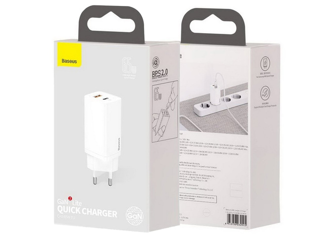 Ładowarka sieciowa szybka Baseus GaN2 Lite USB + USB-C 65W EU Biała
