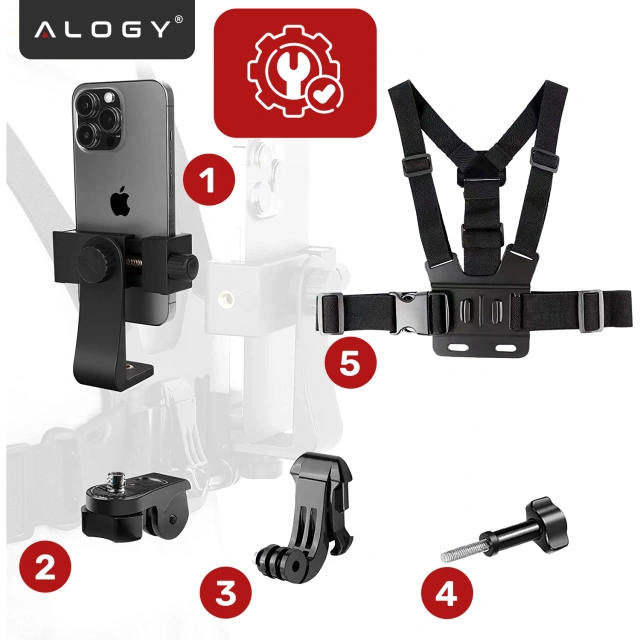 Szelki sportowe na klatkę piersiową – uniwersalny uchwyt do kamery, aparatu i telefonu, stabilne nagrywanie POV, regulowane paski – Alogy ChestMount™ Czarne