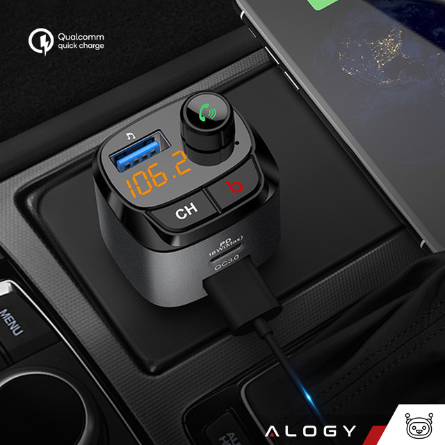 Transmiter samochodowy FM Alogy Ładowarka USB QC 3.0 + USB-C PD Bluetooth odtwarzacz MP3 + Kabel 1m USB-C do Lightning + Etui