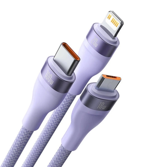 Kabel USB 3w1 Baseus Flash Series 2, USB-C + micro USB + Lightning, 100W, 1.5m (fioletowy)