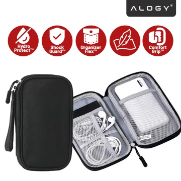 Etui Podróżne na Akcesoria, Organizer na Kable, Ładowarki, Telefon i Powerbank, Wielofunkcyjne i Kompaktowe 21 x 12,5 x 5 cm, Alogy TravelPack™ – Czarne