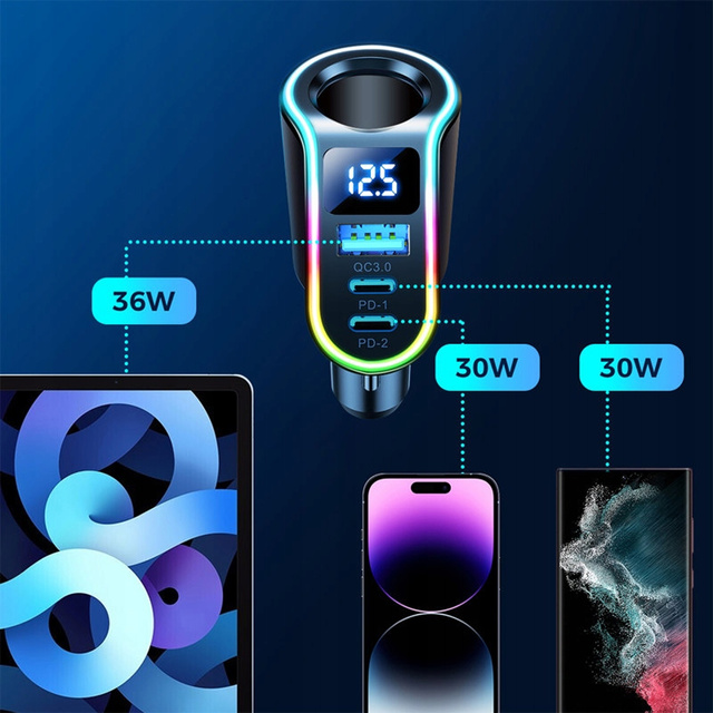 Ładowarka samochodowa USB QC 3.0 2x USB-C PD 150W rozdzielacz JoyRoom Car Charger 4w1 LED RGB czarna