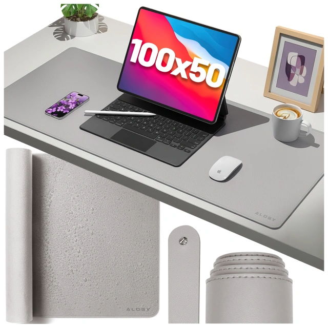 Podkładka na biurko 100×50 cm – antypoślizgowa mata ochronna z eleganckiej ekoskóry PU, pod mysz i klawiaturę, stylowa i trwała – Alogy WorkMat™ Szara