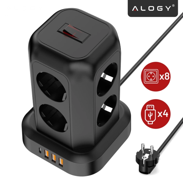 Przedłużacz 12w1 Rozdzielacz wieża ładująca Alogy ChargeTower Pro 2500W 8x gniazdo ładujące 3x USB.A 1x USB.C kabel 1.8m Czarny