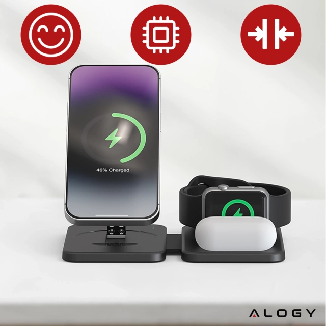 Ładowarka indukcyjna 3w1 składana Alogy MagCharge Foldable Pro do MagSafe do Apple iPhone Watch AirPods Czarna