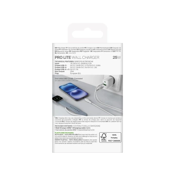 Ładowarka sieciowa Puro PROLITE 25W USB-A/USB-C + kabel USB-C 1.2m - biała