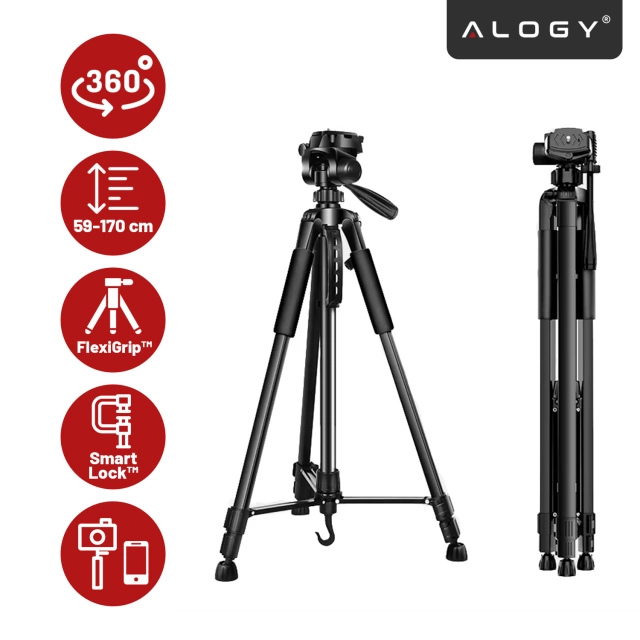 Statyw Fotograficzny Tripod Uniwersalny stojak do Kamer 1/4 uchwyt na telefon aparat 170cm Alogy Czarny