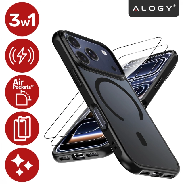 Zestaw 3w1 Etui Hybrydowe MagSafe + 2x Szkło Hartowane do Apple iPhone 17 Pro, Wzmocniona Ochrona, Odporne i Precyzyjnie Dopasowane, Alogy 3in1 Case Pack™ – Czarne