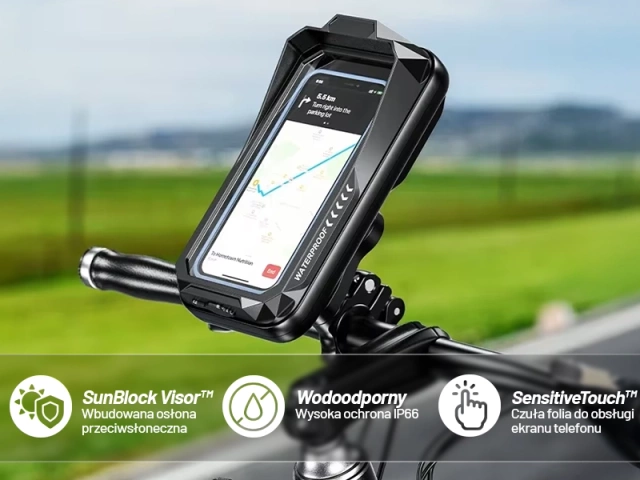 Uchwyt Motocyklowy Rowerowy Torba na Telefon do 7" Wodoodporna IP66 z Panelem Dotykowym, z wejściem na Kabel, Na Motocykl, Rower, Skuter, Hulajnogę, Kewig– Czarna