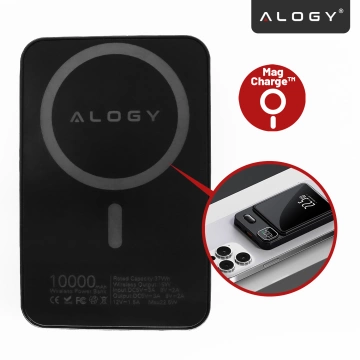 PowerBank Bezprzewodowy 10000mAh z Technologią MagSafe, Szybkie Ładowanie 22.5W PD20W, Kompaktowy i Magnetyczny, Alogy MagCharge™ – Czarny