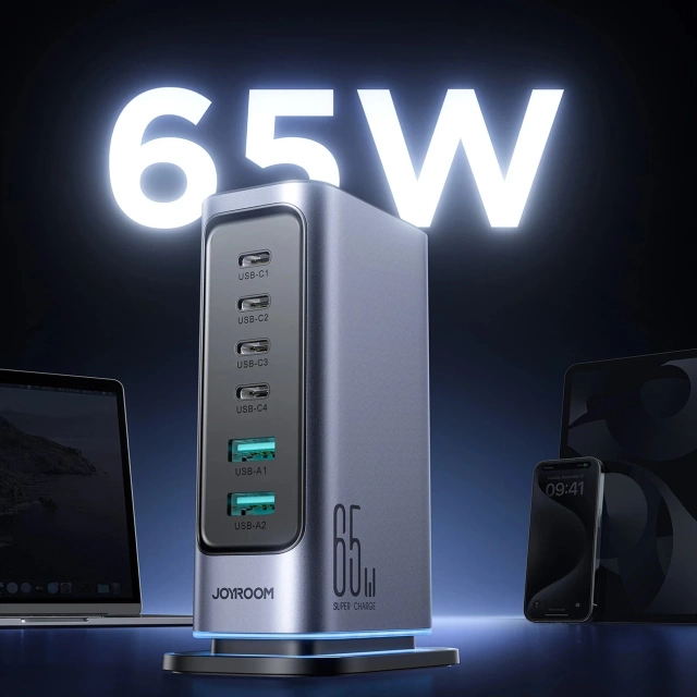 Wieloportowa ładowarka Joyroom 65W GaN, 4x USB-C, 2x USB-A, ciemnoszara