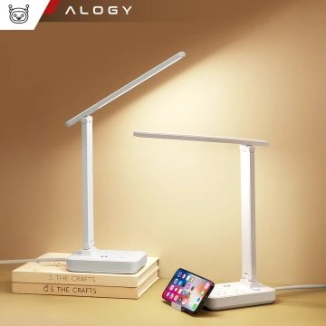 Alogy Schreibtischlampe mit 2 Steckdosen, 2 USB-Anschlüssen, weißer LED-Ladeleuchte und Handyhalterung