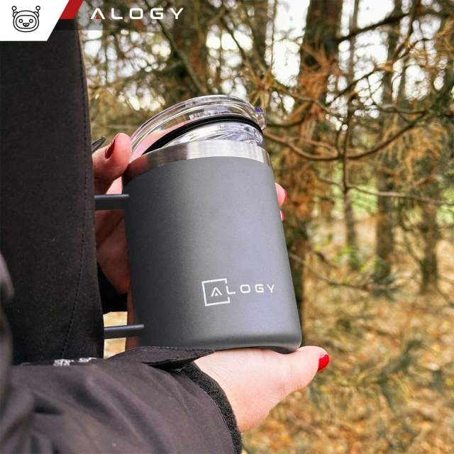 Kubek termiczny 420ml z uchwytem pokrywką na kawę herbatę stalowy zimne i ciepłe napoje Alogy Szary + Szczotka do mycia