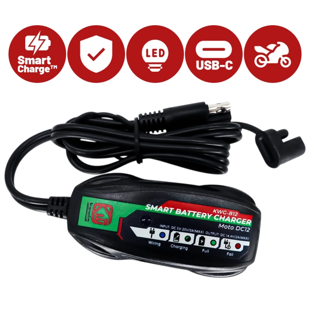 Ładowarka do Akumulatorów Motocyklowych Kewig B12 – Prostownik Mini z Podłączeniem do Akumulatora, USB-C z Gniazdka lub Powerbanku, Inteligentna z Zabezpieczeniami