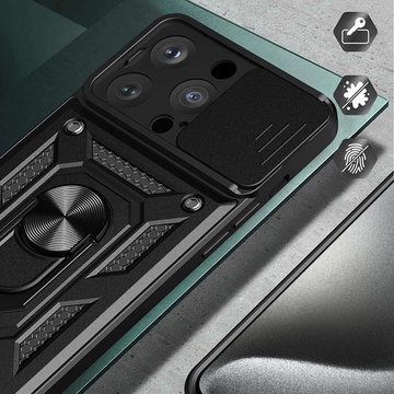 Gepanzerte Hülle für iPhone 15 Pro Camshield Case Ring Alogy Stand mit Schiebekameraabdeckung aus schwarzem Glas