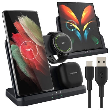 Kabelloses induktives Ladegerät 3in1 Qi 3.0 Fast für Samsung S22 S23 S24 Galaxy Watch Buds Station schwarz