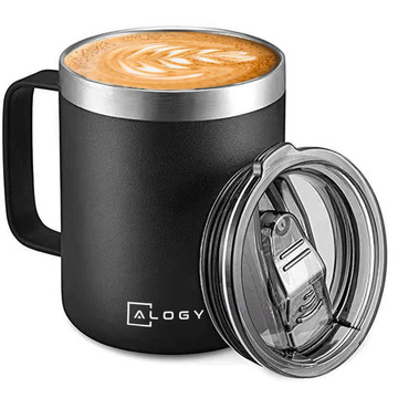 Thermobecher 420 ml mit Griffdeckel für Kaffee, Tee, kalte und warme Getränke aus Stahl, Alogy Black, Waschbürste