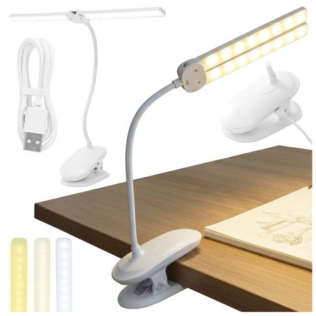 Lampka biurkowa nocna LED – akumulator 4000 mAh, podwójne oświetlenie, elastyczne ramię, klips z regulacją, idealna do biurka i łóżka – Alogy SmartClip™ Light Biała