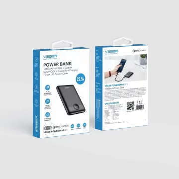 Powerbank Externer Akku (POWER BANK) VEGER S11 - 10.000 mAh LCD Quick Charge PD 22,5 W schwarz (W1140)