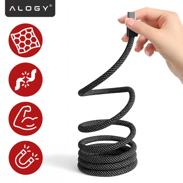 Kabel Zasilający USB-C do USB-C 65W 1m, Szybkie Ładowanie PD, Magnetyczny, Trwały i Elastyczny Przewód Kompatybilny z iPhone, MacBook i Android, Alogy MagiCharge™ – Czarny + Ładowarka Sieciowa 3w1 65W