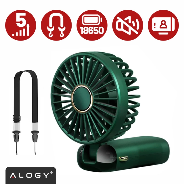 Wentylator Wiatrak Ręczny Bezprzewodowy, Przenośny i Biurkowy, z Uchwytem na Telefon, Ładowanie USB-C, Bateria 18650, Alogy CoolBreeze™ – Zielony
