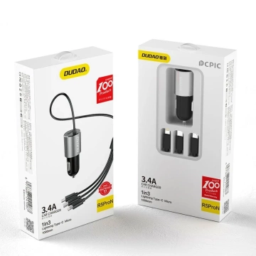 Dudao 3in1 USB Autoladegerät 3,4 A eingebautes Lightning / USB Type C / Micro USB Kabel schwarz (R5ProN schwarz)