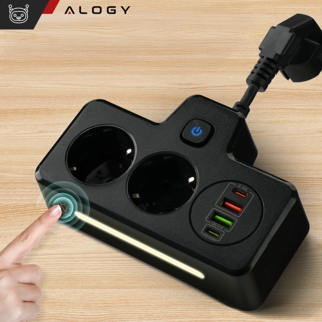 Rozgałęźnik gniazdka Alogy Plug Extender rozdzielacz adapter przedłużacz 2x wtyczka EU + 2x USB + 2x USB-C Czarny