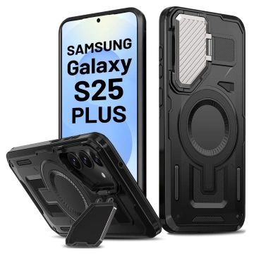Samsung Galaxy S25 Plus Schutzhülle mit MagSafe-Verstärkung, verstärktem Linsenschutz und Standfunktion, Alogy HeavyDuty Mag™️ Schwarz