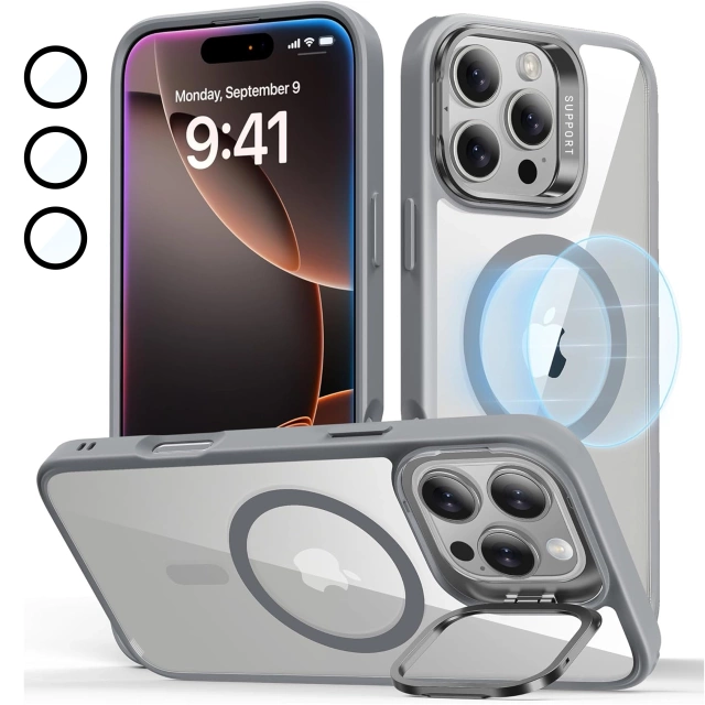 Etui hybrydowe ochronne do Apple iPhone 16 Pro Alogy KickStand Hybrid Case z podpórką do MagSafe Szare + Szkło hartowane